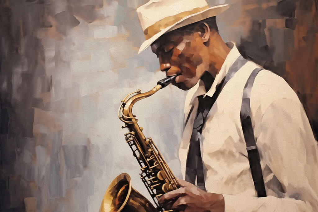 Saxofonista com chapéu claro — design completo