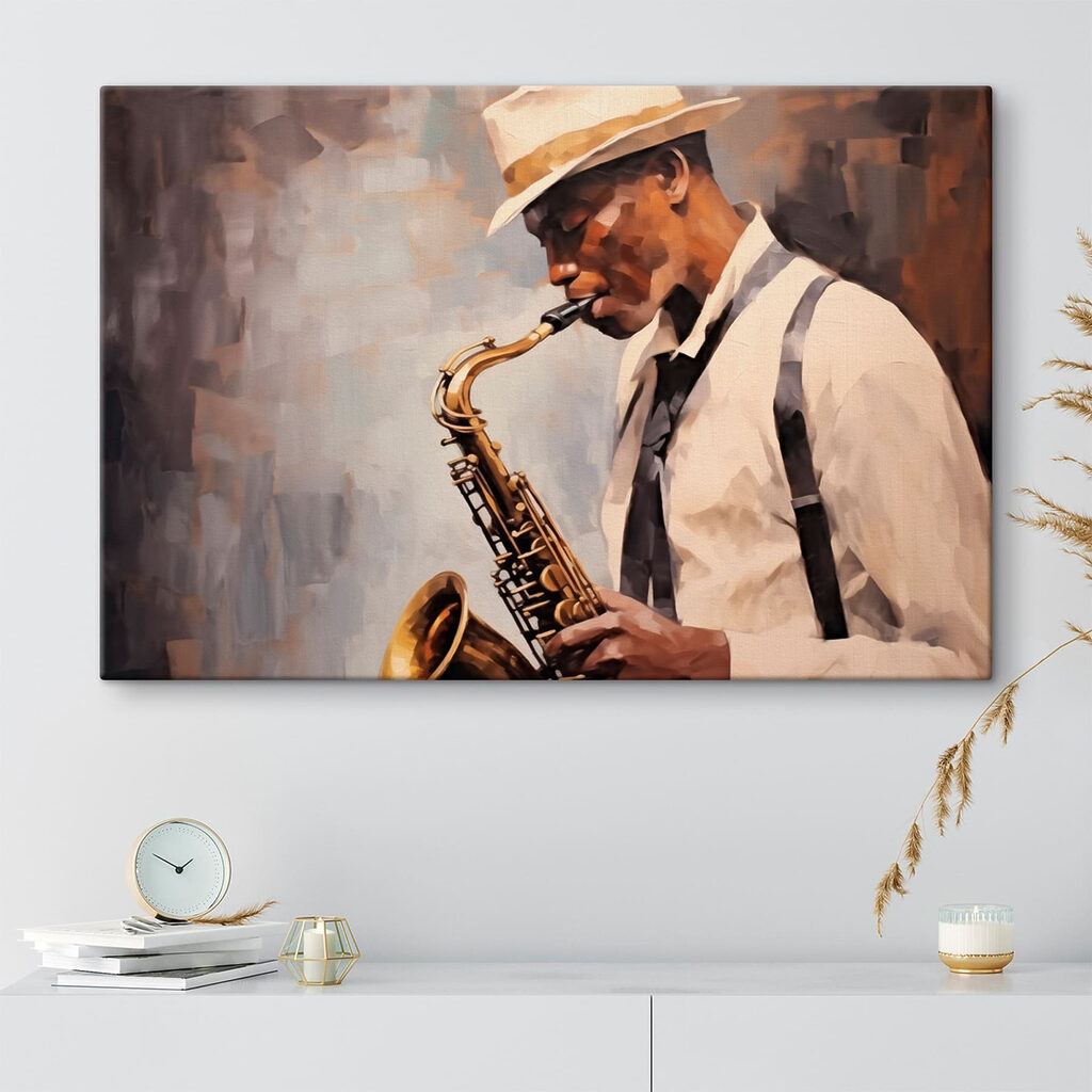 Saxofonista com chapéu claro — interior 2