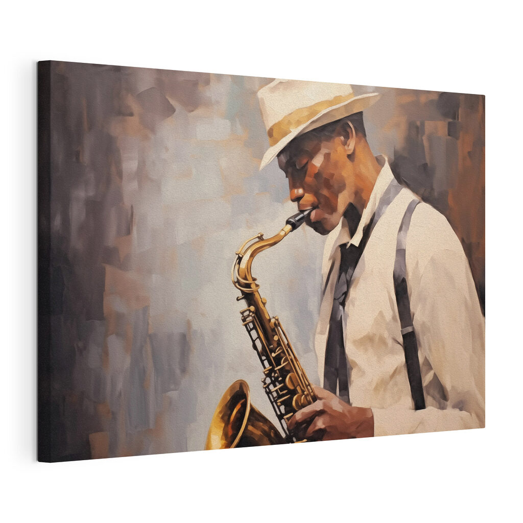 Saxofonista com chapéu claro, tela esticada e borda contínua
