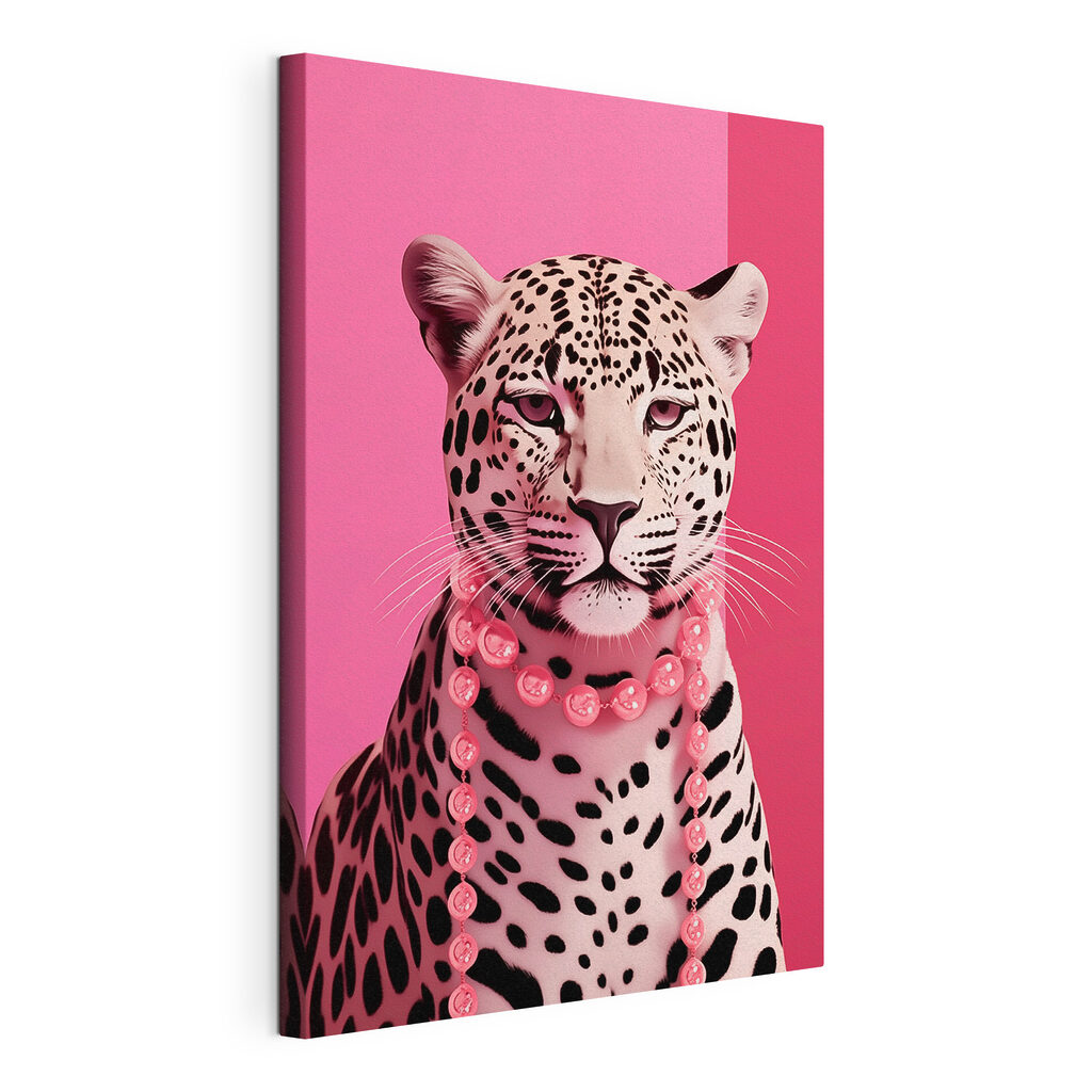 Leopardo com colar rosa, tela esticada e borda contínua