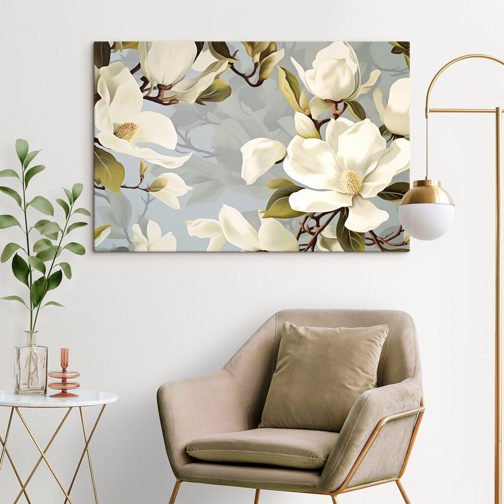 Magnólia entre folhas cinzentas — interior 1