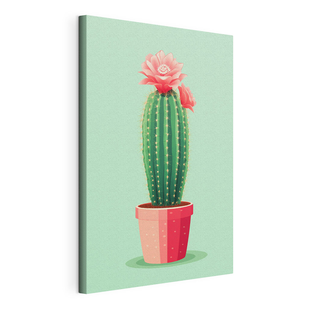 Cato com flores cor-de-rosa, tela esticada e borda contínua