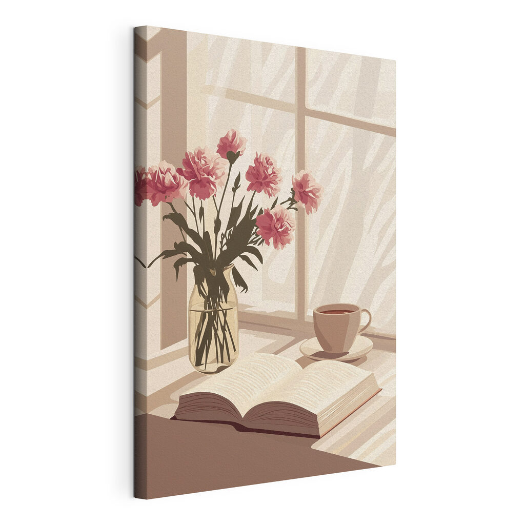 Flores cor-de-rosa num vaso, tela esticada e borda contínua