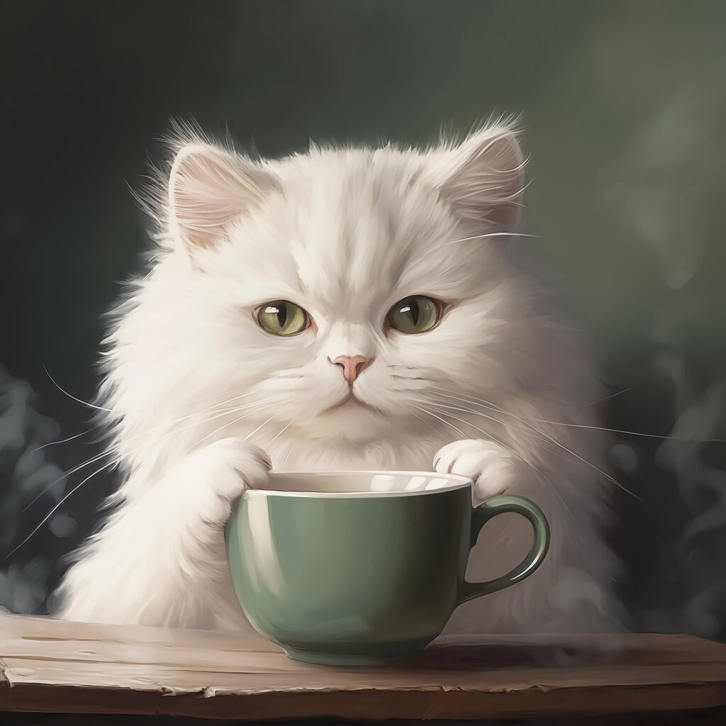 Gato branco com chávena — design completo