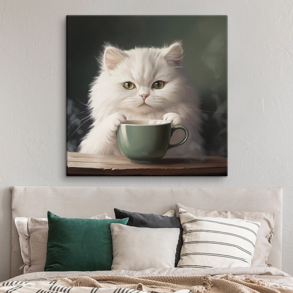 Gato branco com chávena — interior 2