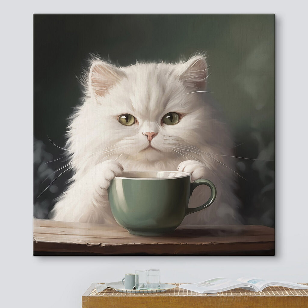 Gato branco com chávena num interior