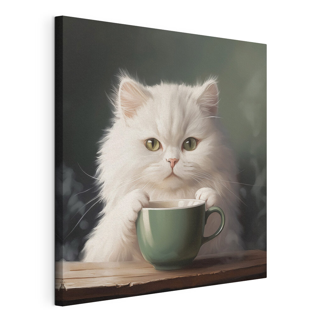 Gato branco com chávena, tela esticada e borda contínua