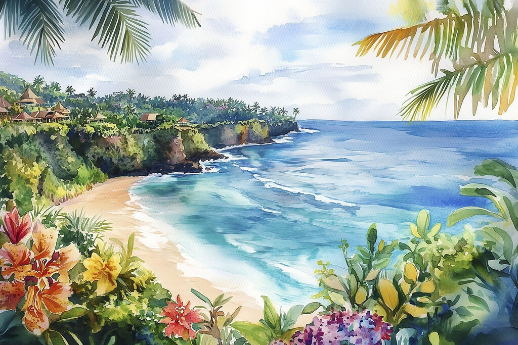 Baía tropical com flores — design completo