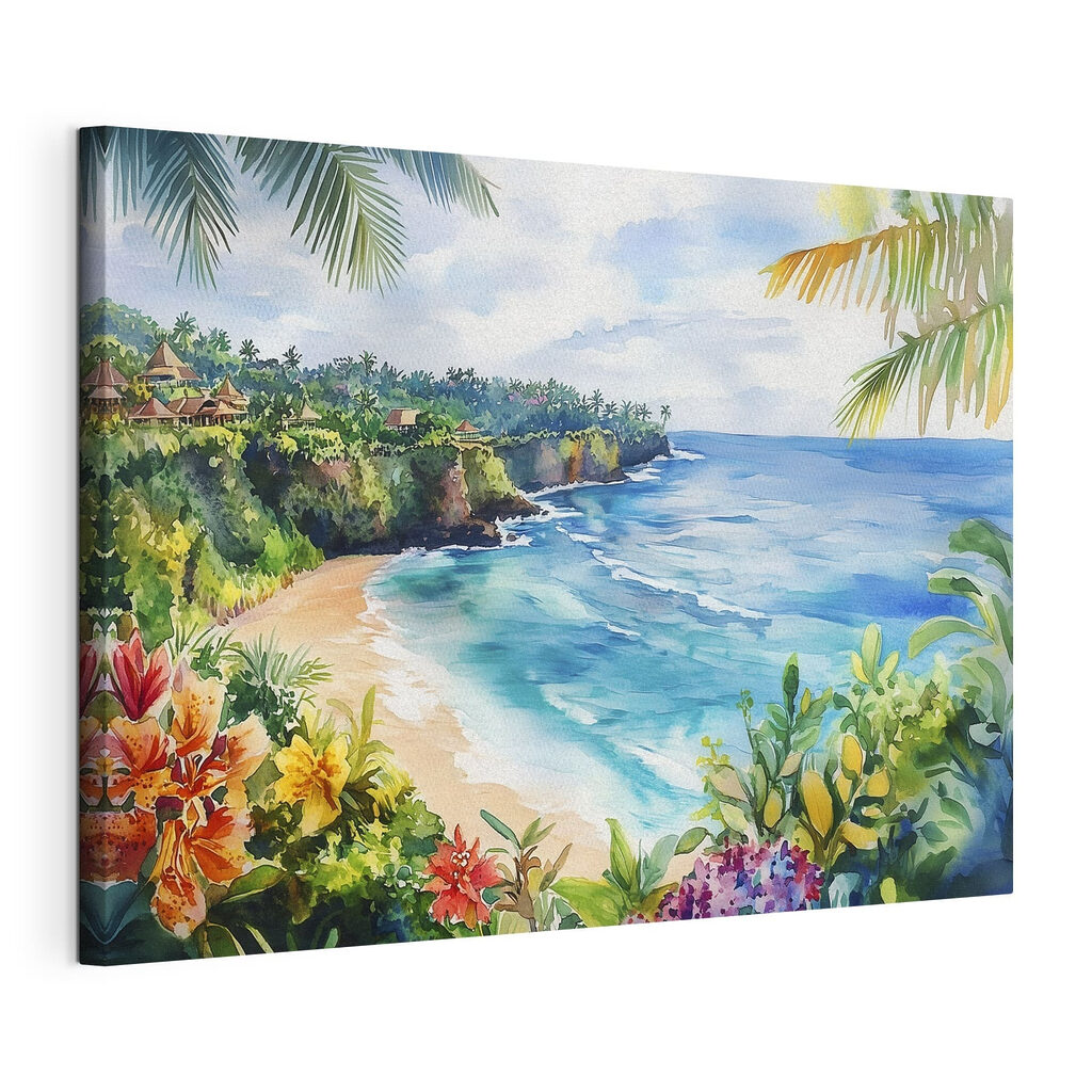 Baía tropical com flores, tela esticada e borda contínua