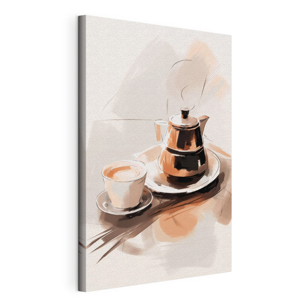 Cafeteira junto à chávena, tela esticada e borda contínua