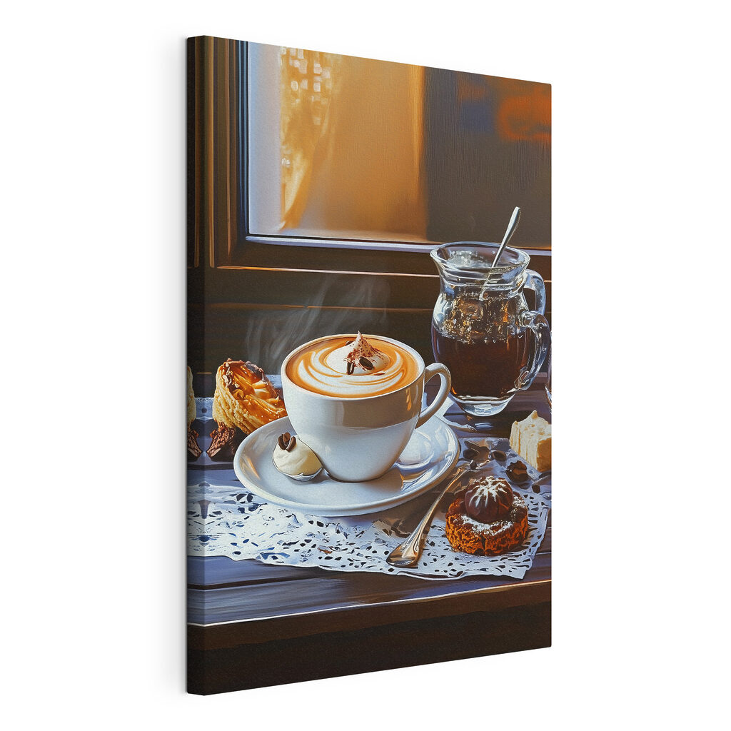 Cappuccino junto à janela, tela esticada e borda contínua