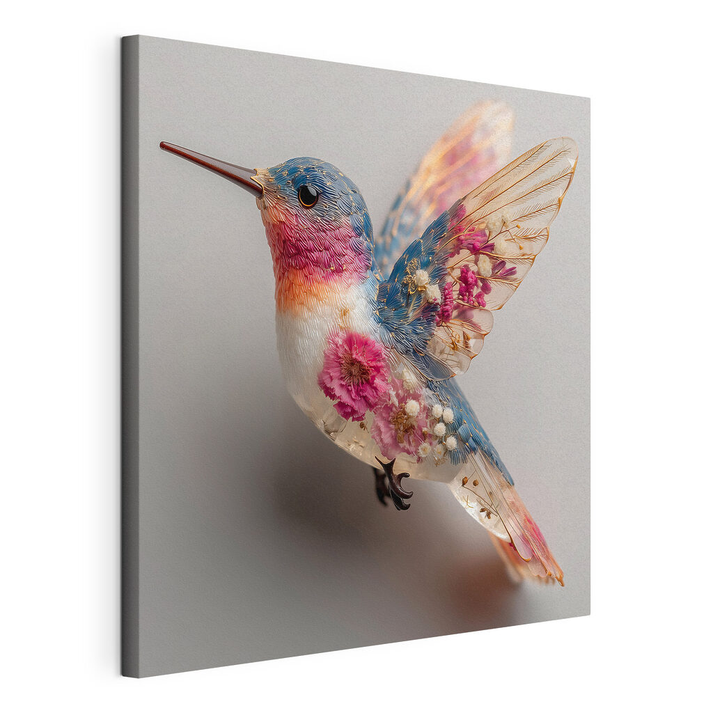 Colibri de asas floridas, tela esticada e borda contínua