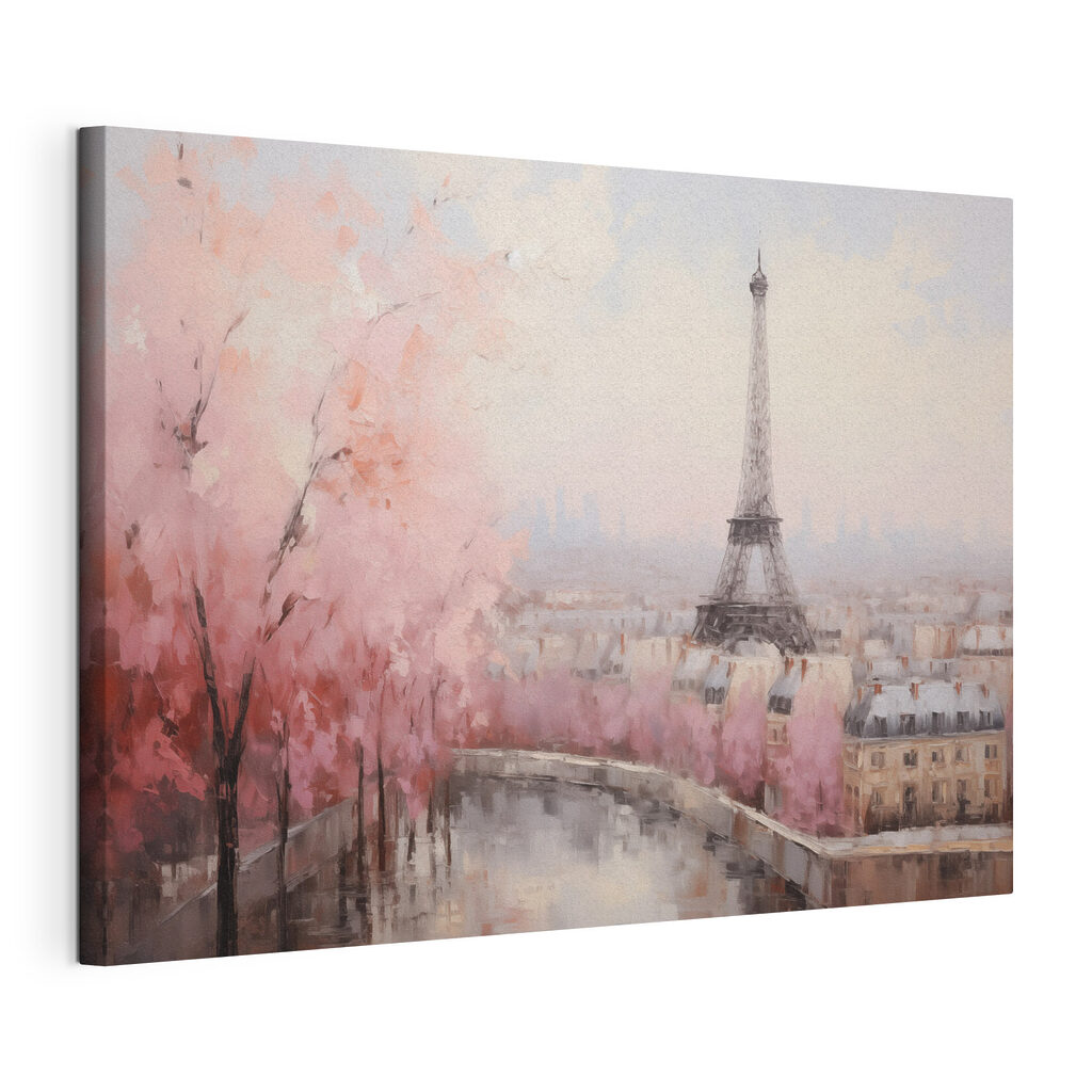 Paris entre árvores cor-de-rosa, tela esticada e borda contínua