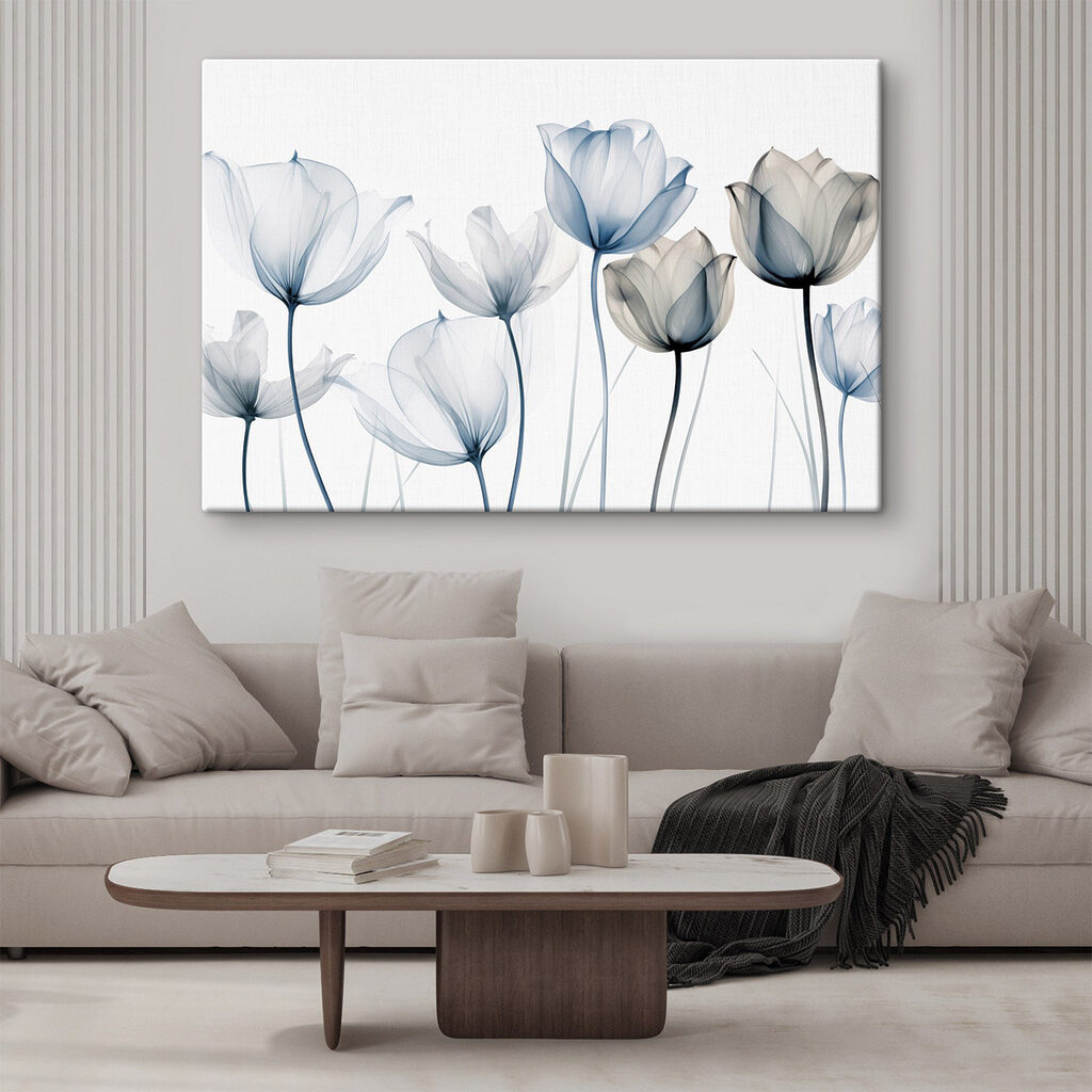 Tulipas azuis e cinzentas num interior