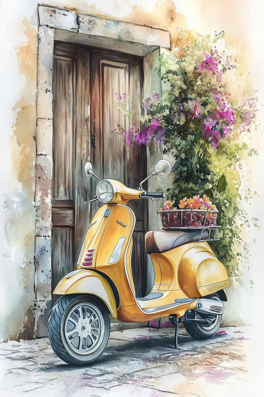 Scooter amarela e flores — design completo