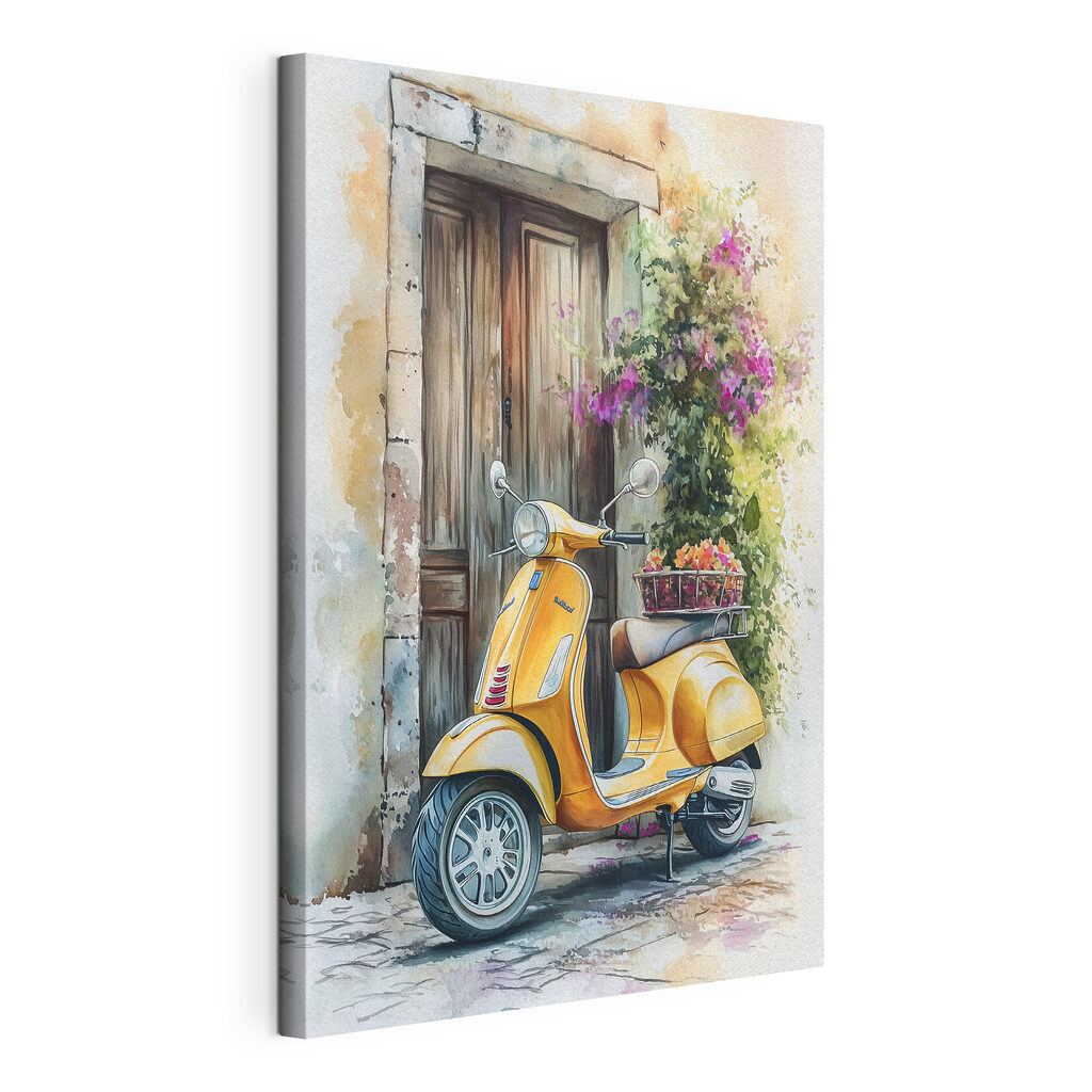 Scooter amarela e flores, tela esticada e borda contínua