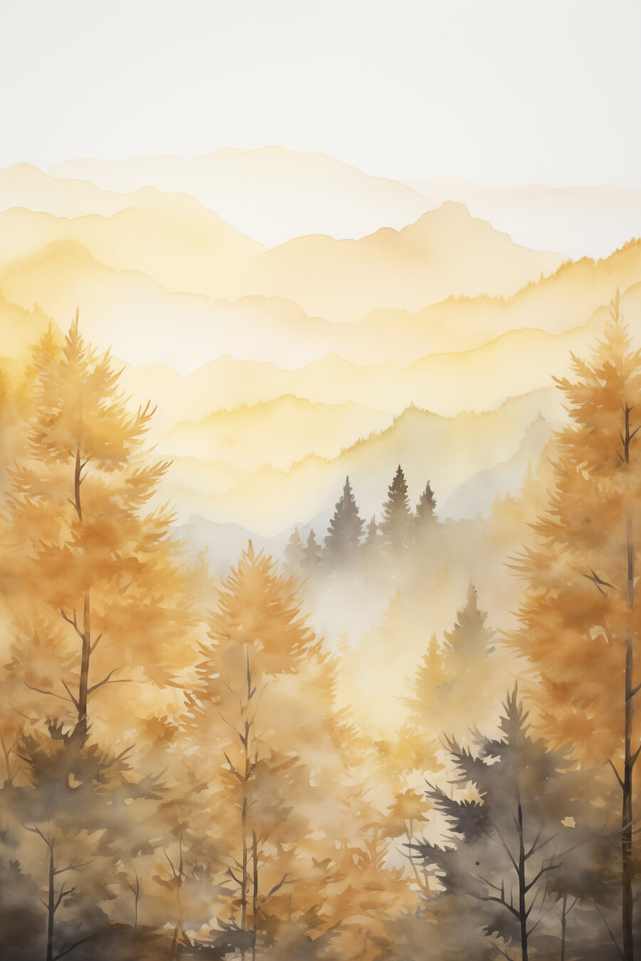 Bosque dourado sob montanhas — design completo