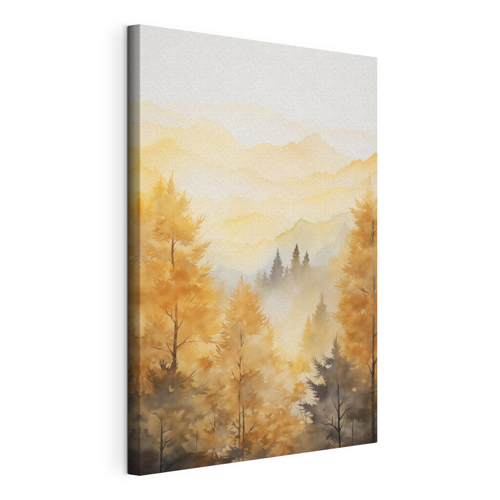 Bosque dourado sob montanhas, tela esticada e borda contínua