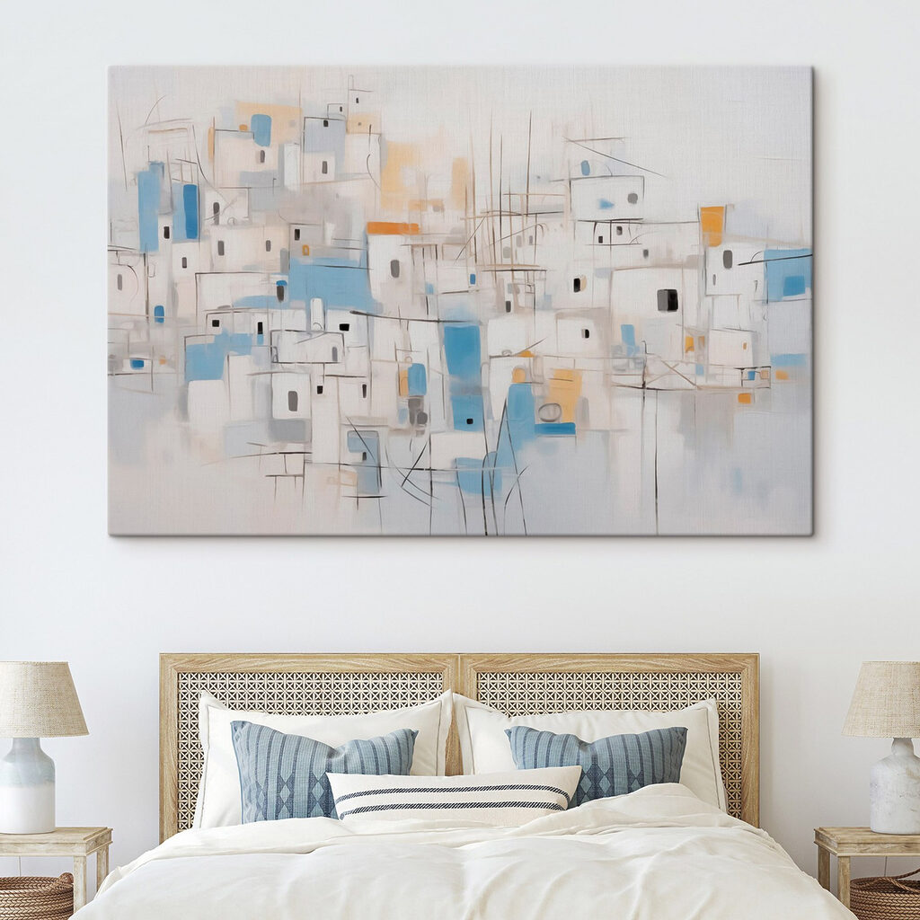Casario branco e azul num interior