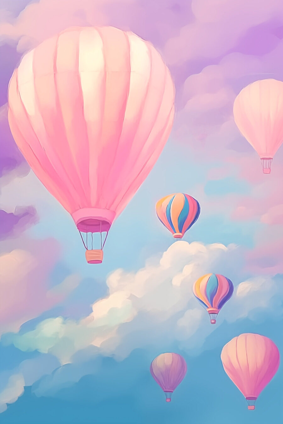 Balões pastel entre nuvens — design completo