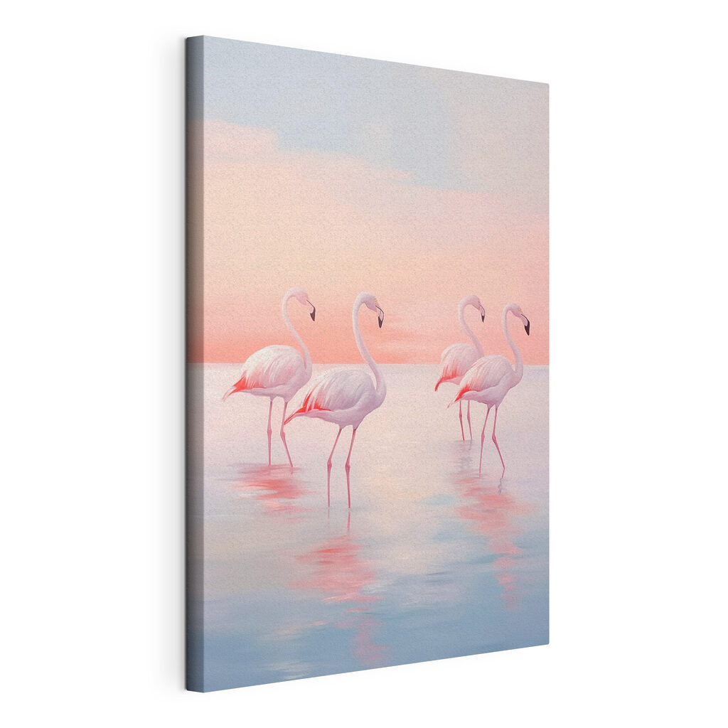 Flamingos ao entardecer, tela esticada e borda contínua