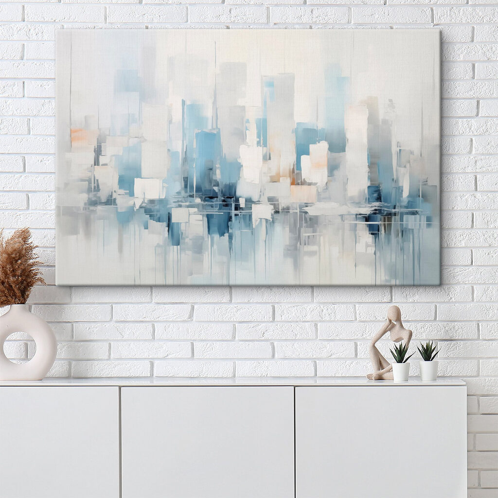 Cidade em reflexo azul-gelo num interior