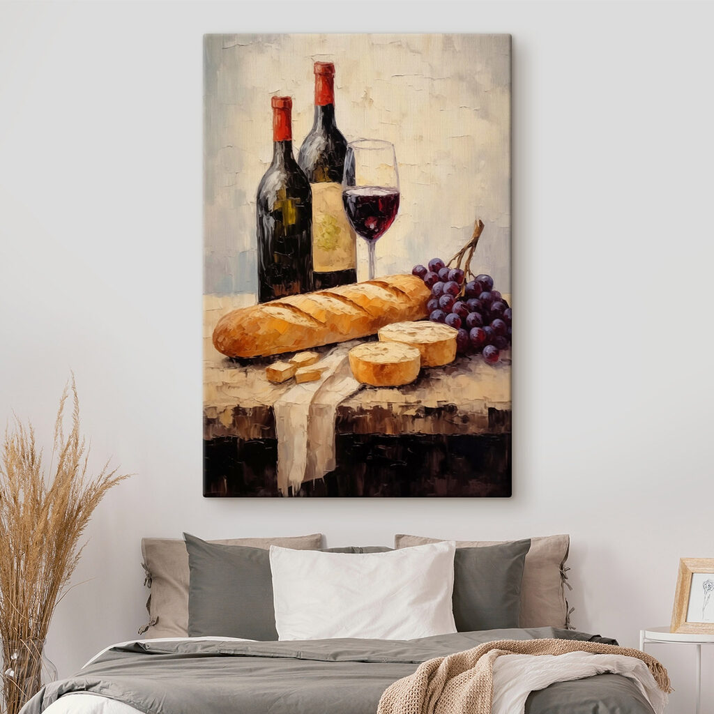 Vinho com baguete num interior