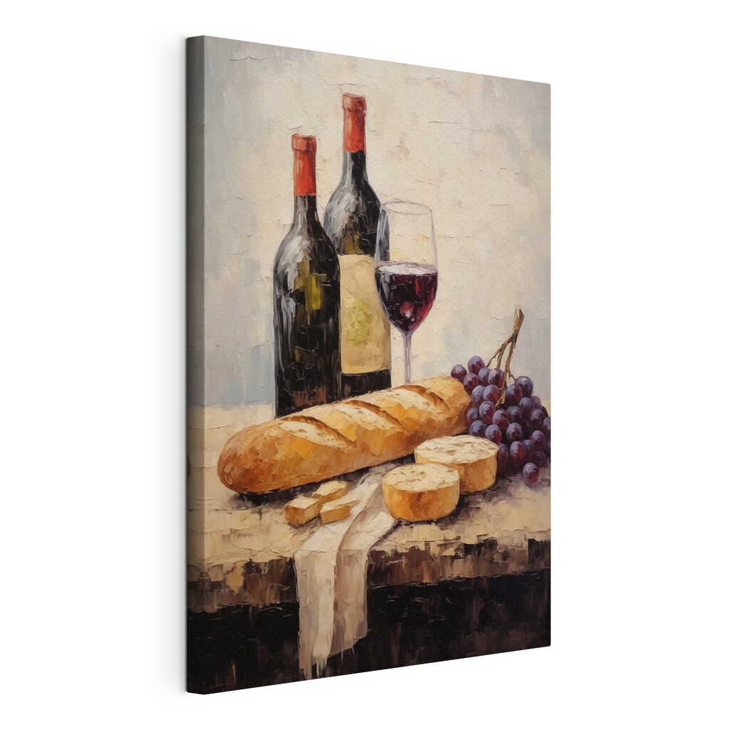 Vinho com baguete, tela esticada e borda contínua