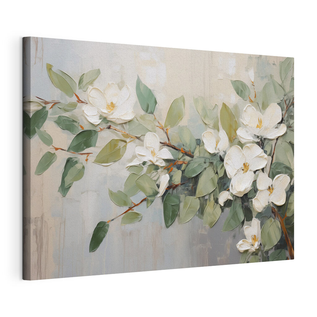 Ramo branco entre salva, tela esticada e borda contínua