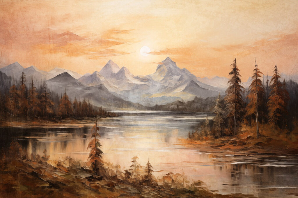 Entardecer dourado sobre lago — design completo
