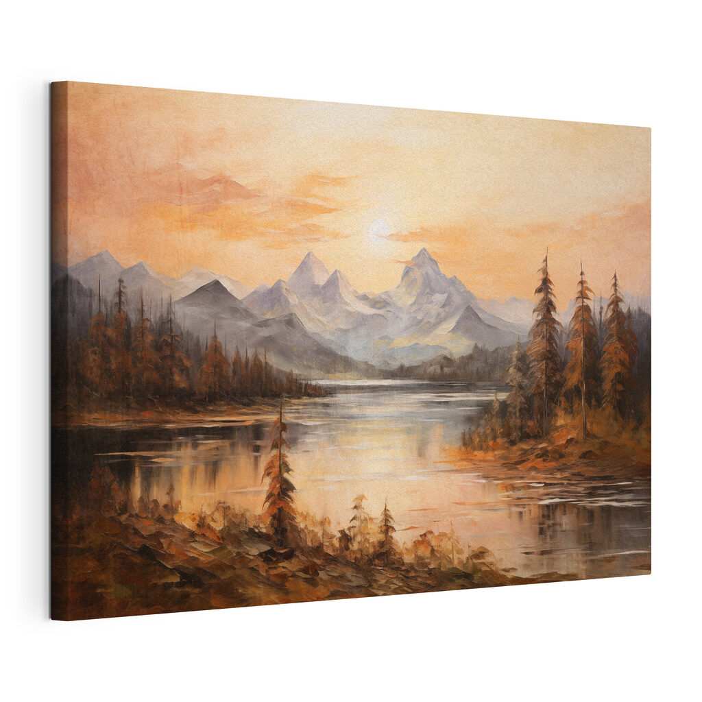 Entardecer dourado sobre lago, tela esticada e borda contínua
