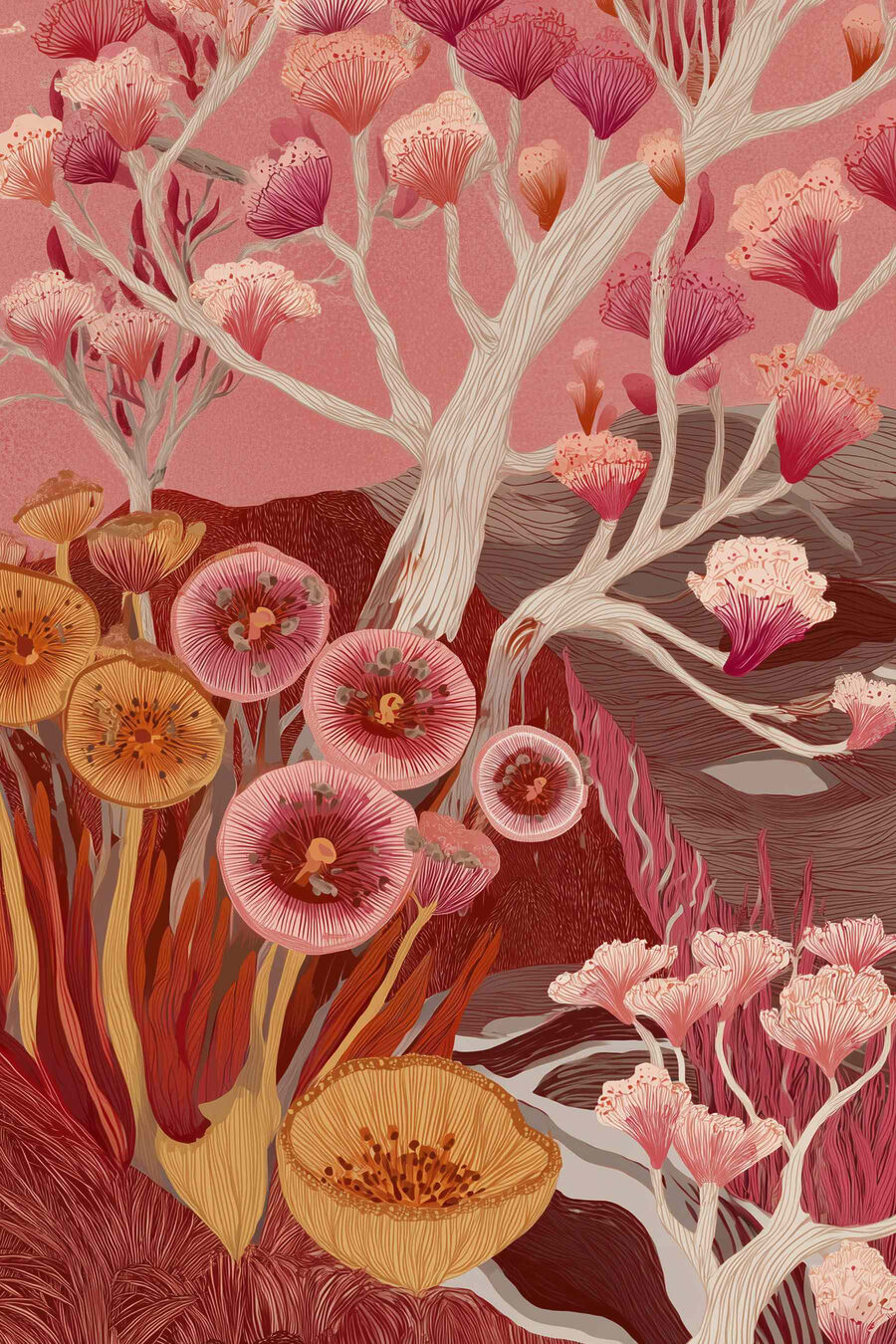 Flores coral em ramos — design completo