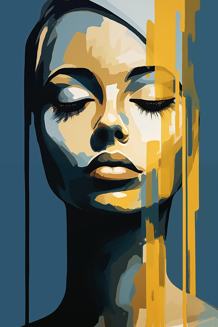 Rosto dourado em azul-marinho — design completo