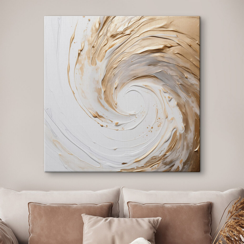 Espiral dourada sobre branco num interior