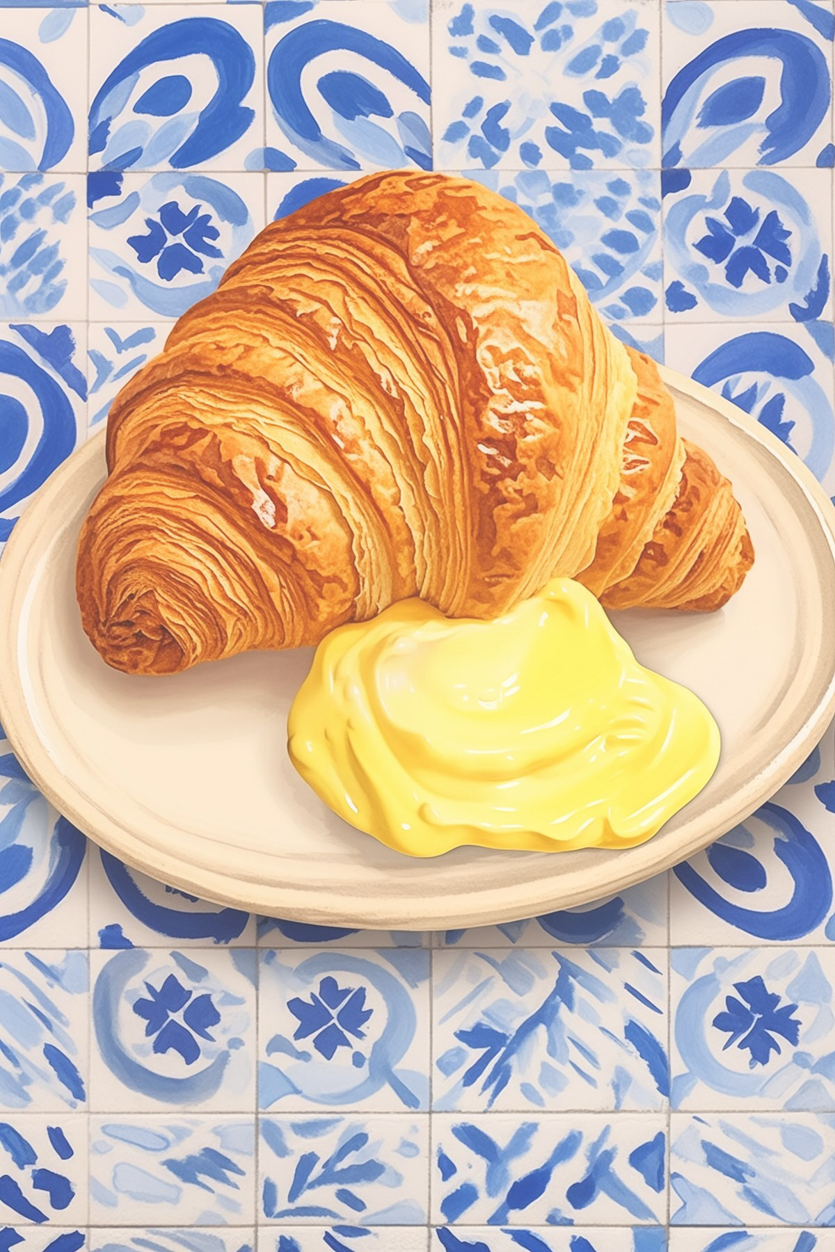 Croissant sobre azulejos azuis — design completo