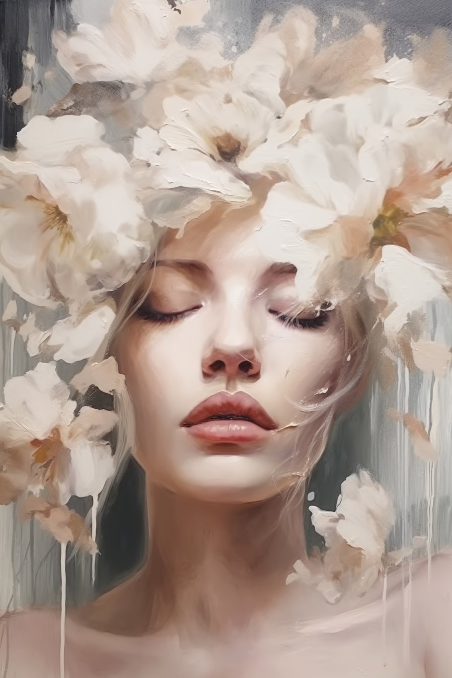 Mulher com flores brancas — design completo