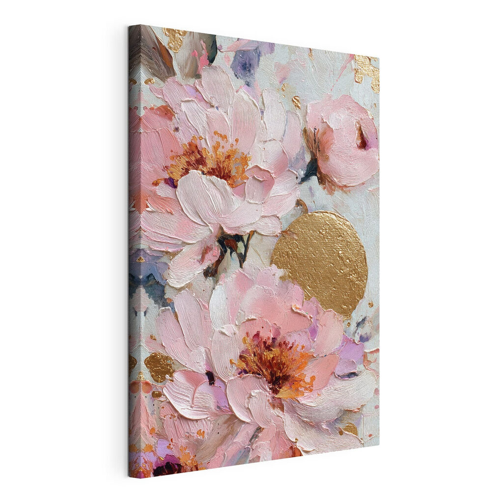 Flores rosa e dourado, tela esticada e borda contínua