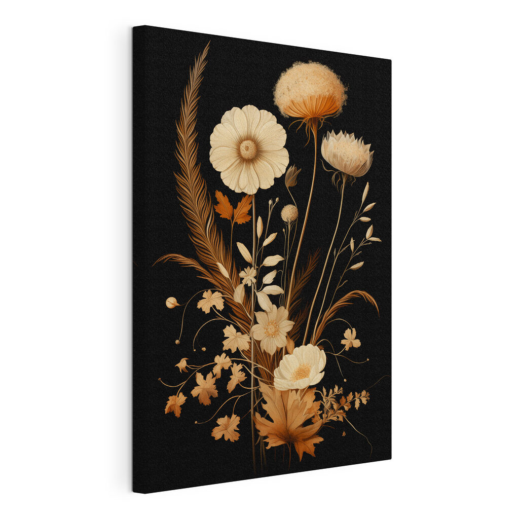 Flores claras sobre preto, tela esticada e borda contínua