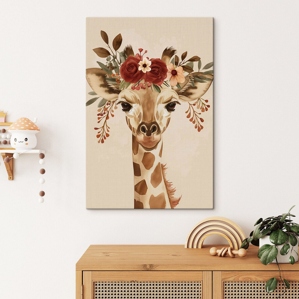 Girafa com grinalda num interior