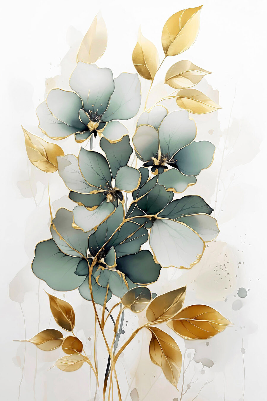 Flores verdes e douradas — design completo