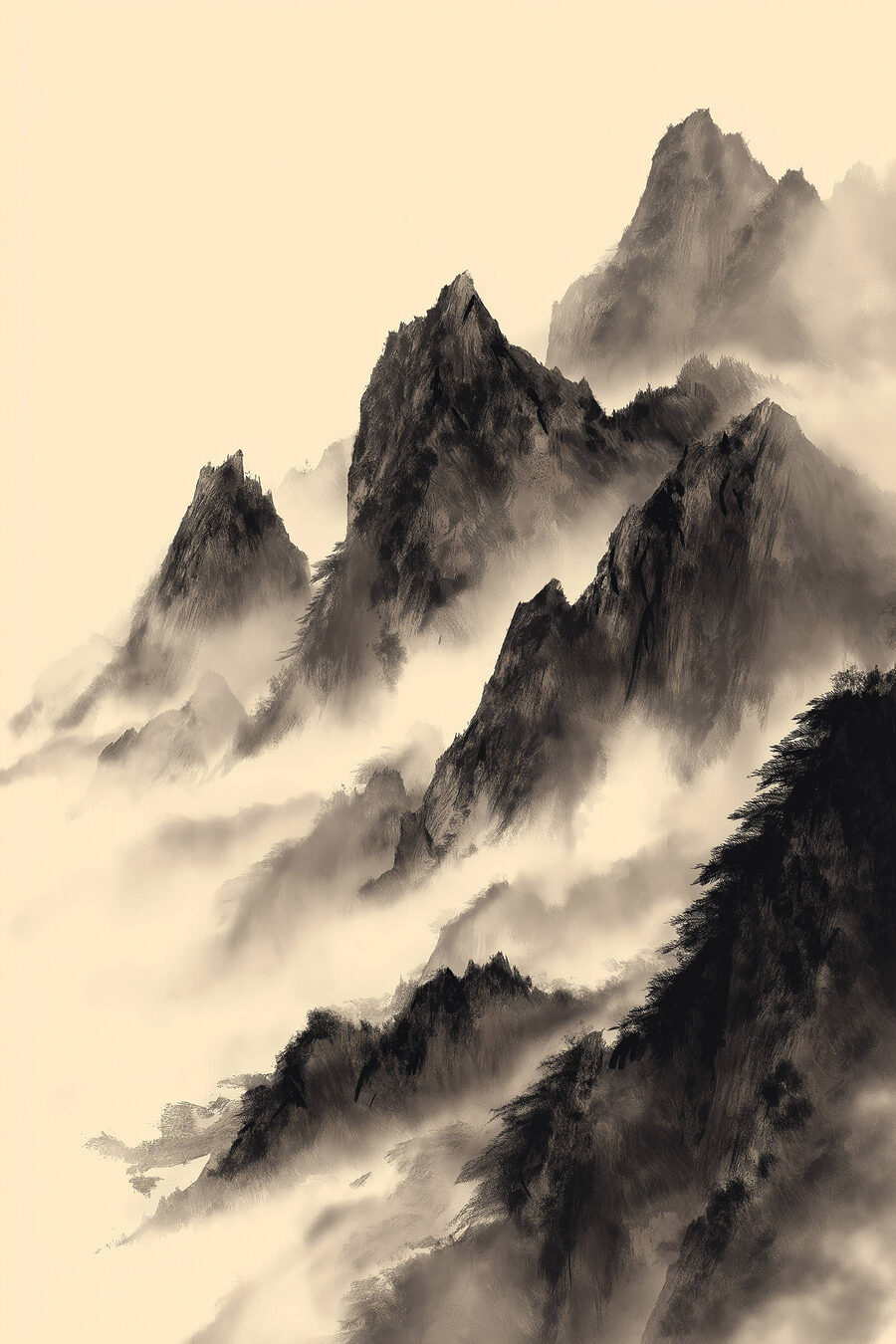 Picos escuros sobre nuvens — design completo