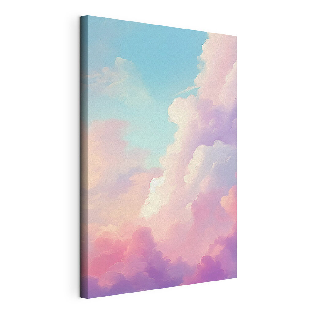 Nuvens pastel em azul, tela esticada e borda contínua
