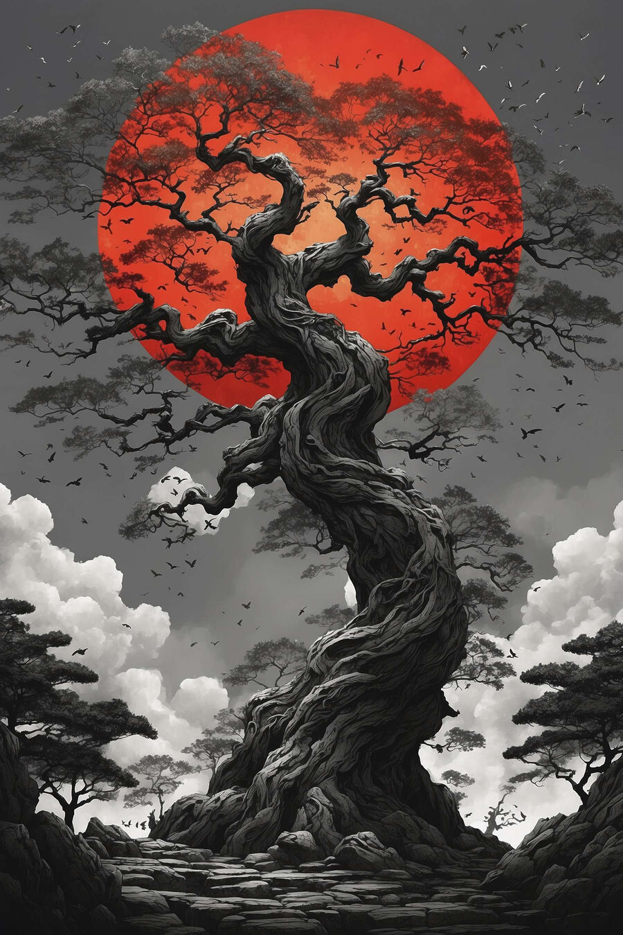 Árvore contra sol vermelho — design completo