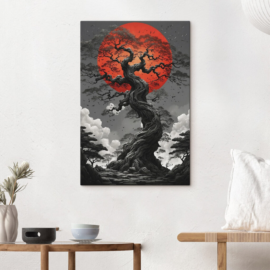 Árvore contra sol vermelho — interior 2