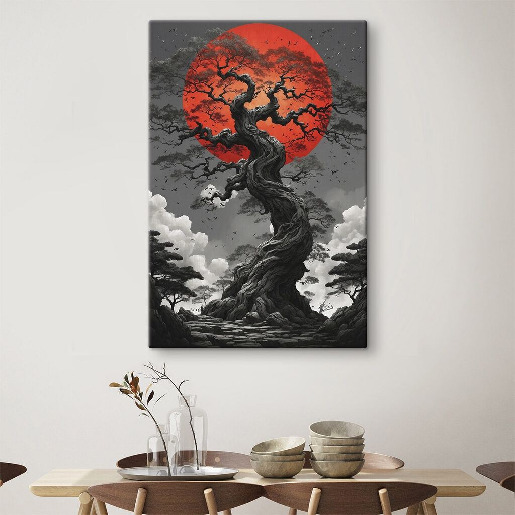 Árvore contra sol vermelho — interior 3