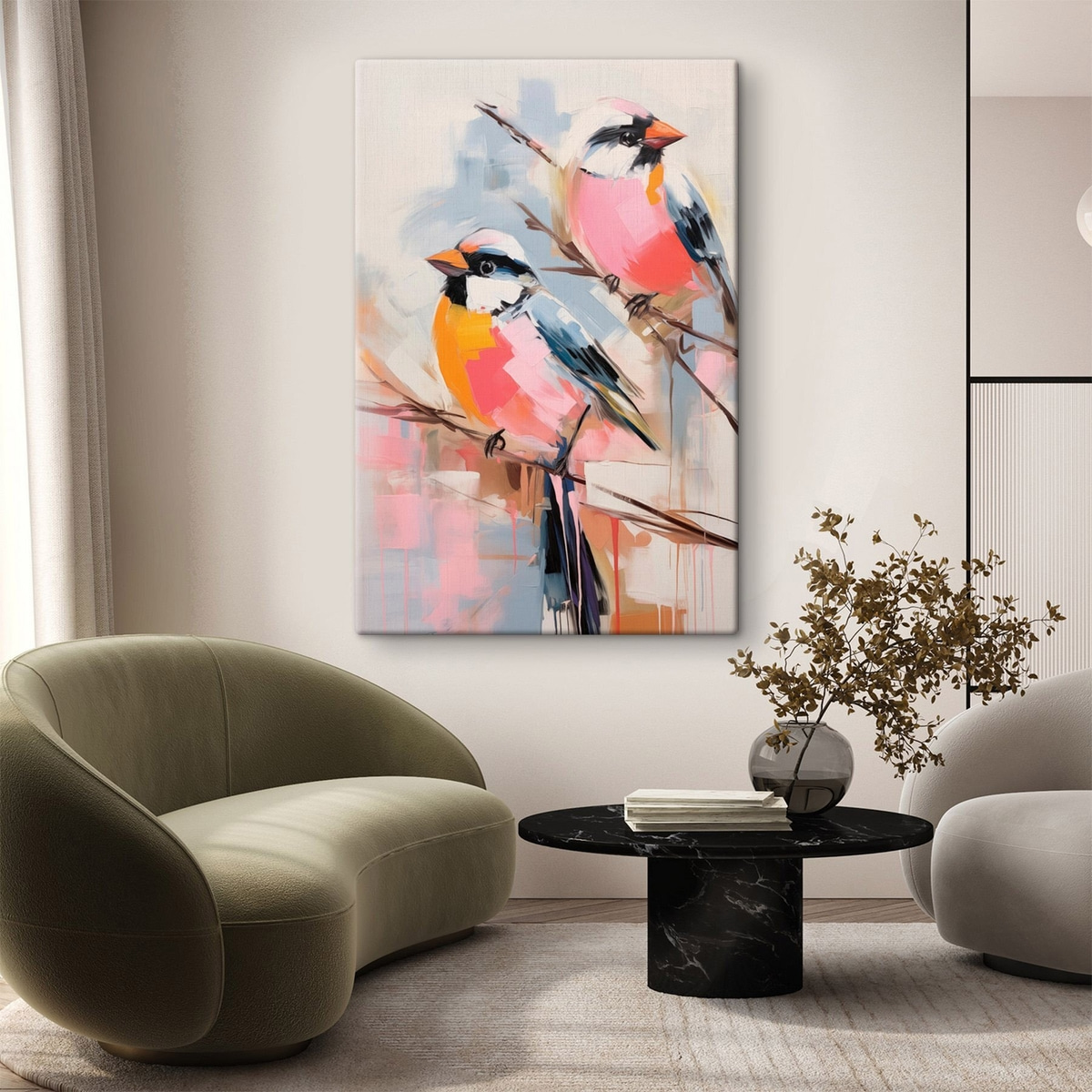 Aves sobre fundo pastel — interior 1