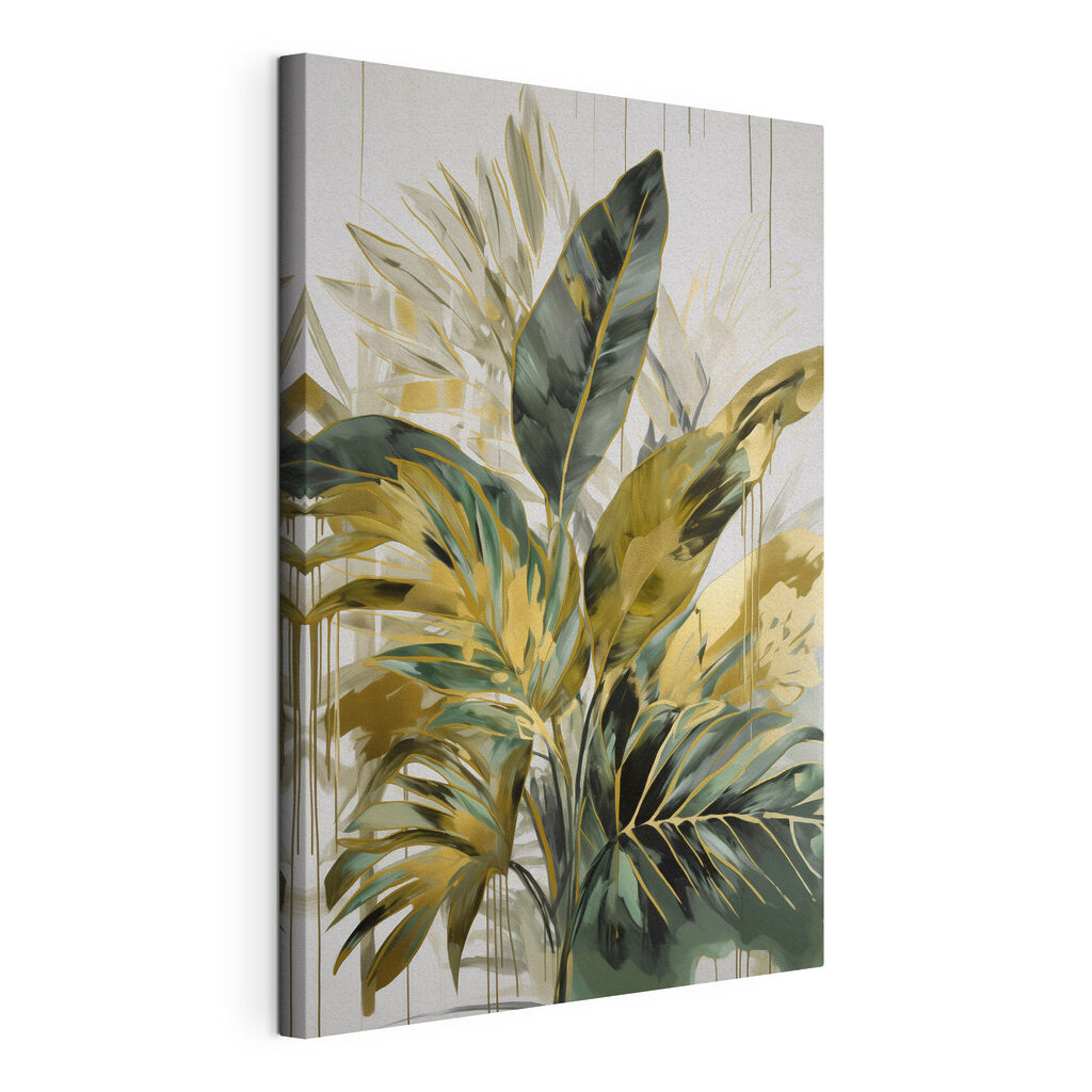 Folhas tropicais em dourado, tela esticada e borda contínua