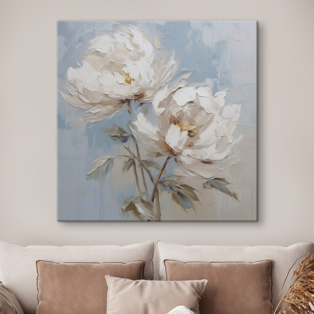 Peónias em pintura num interior