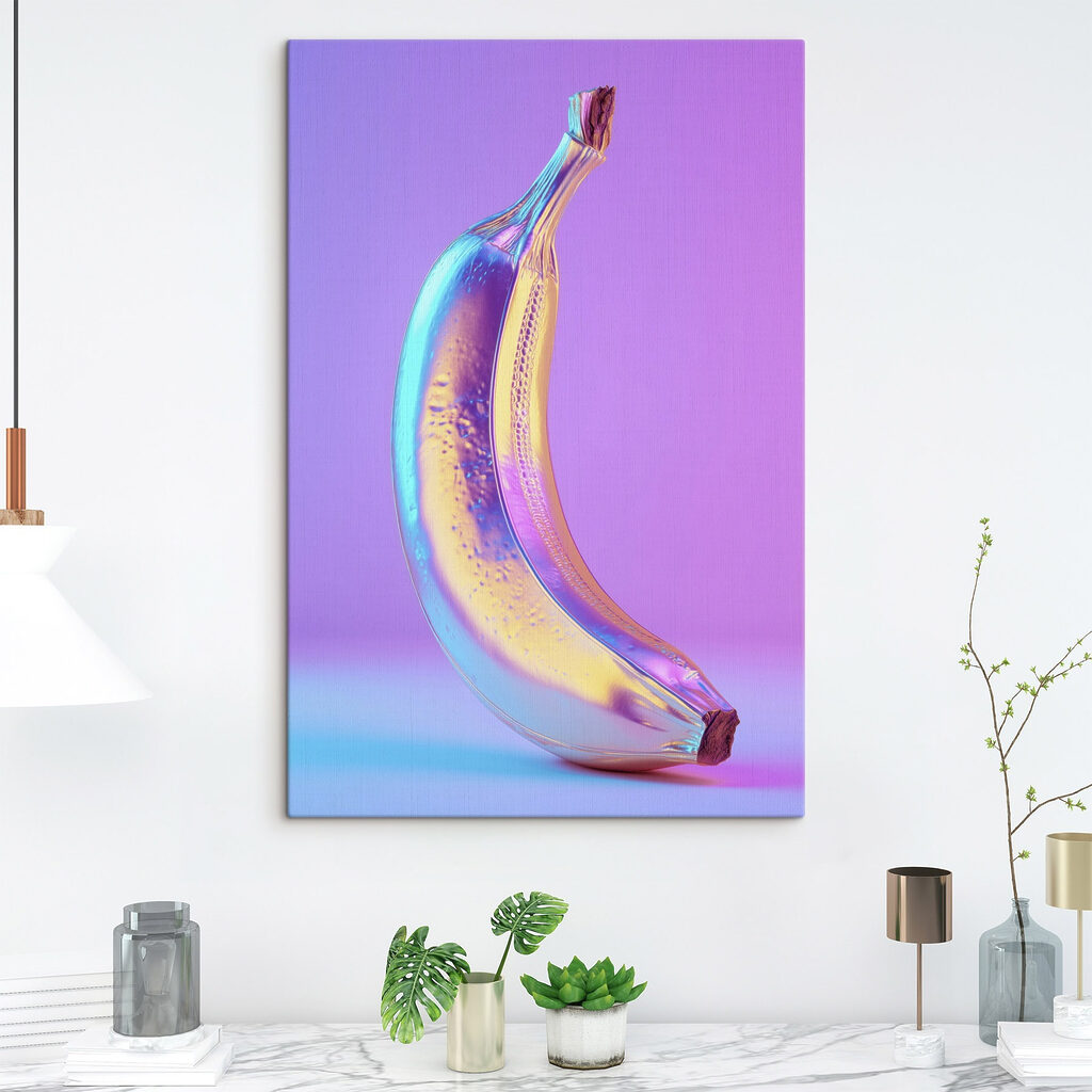 Banana arco-íris em roxo num interior