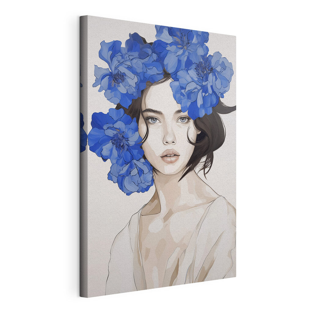 Mulher com coroa azul, tela esticada e borda contínua
